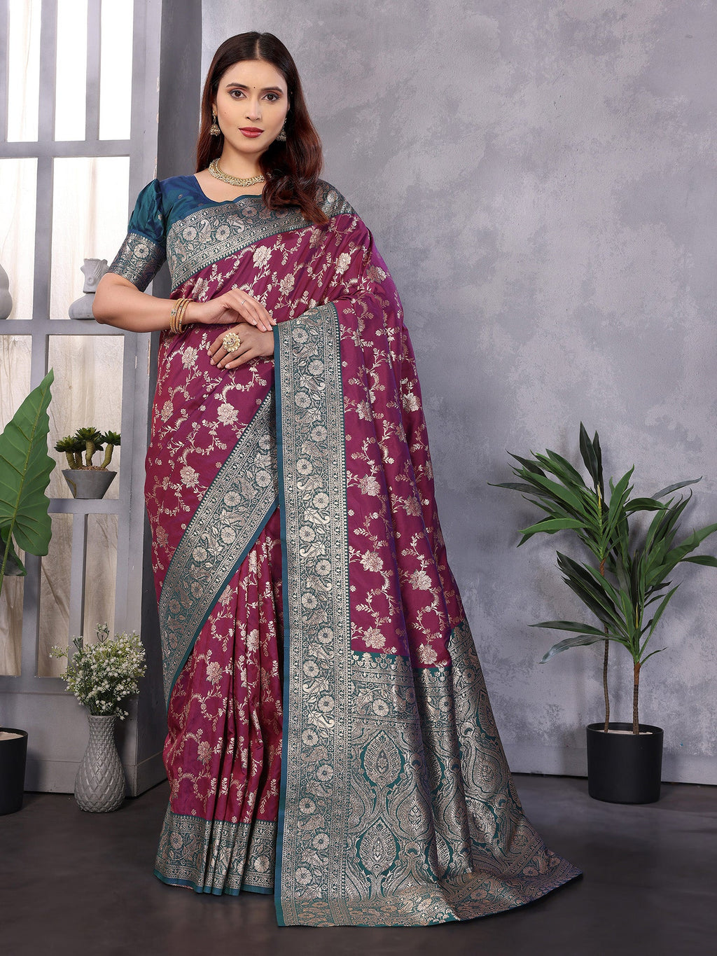 Elora Magenta Soft Silk Zari Zaal Weaving Banarasi With Contrast Blouse | Grocsy