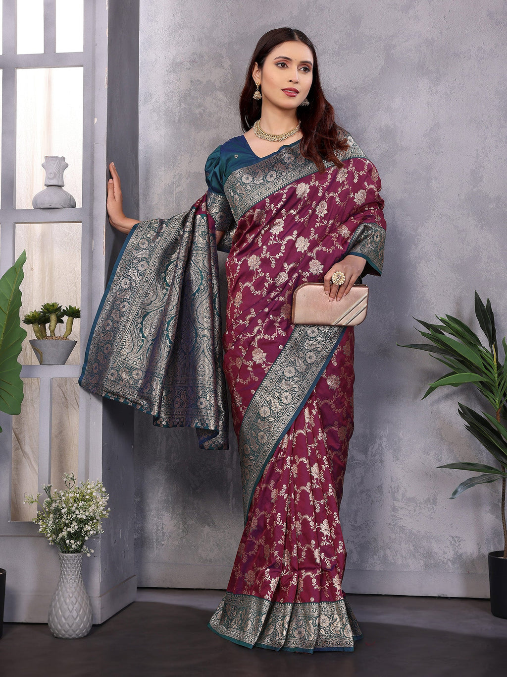 Elora Magenta Soft Silk Zari Zaal Weaving Banarasi With Contrast Blouse | Grocsy