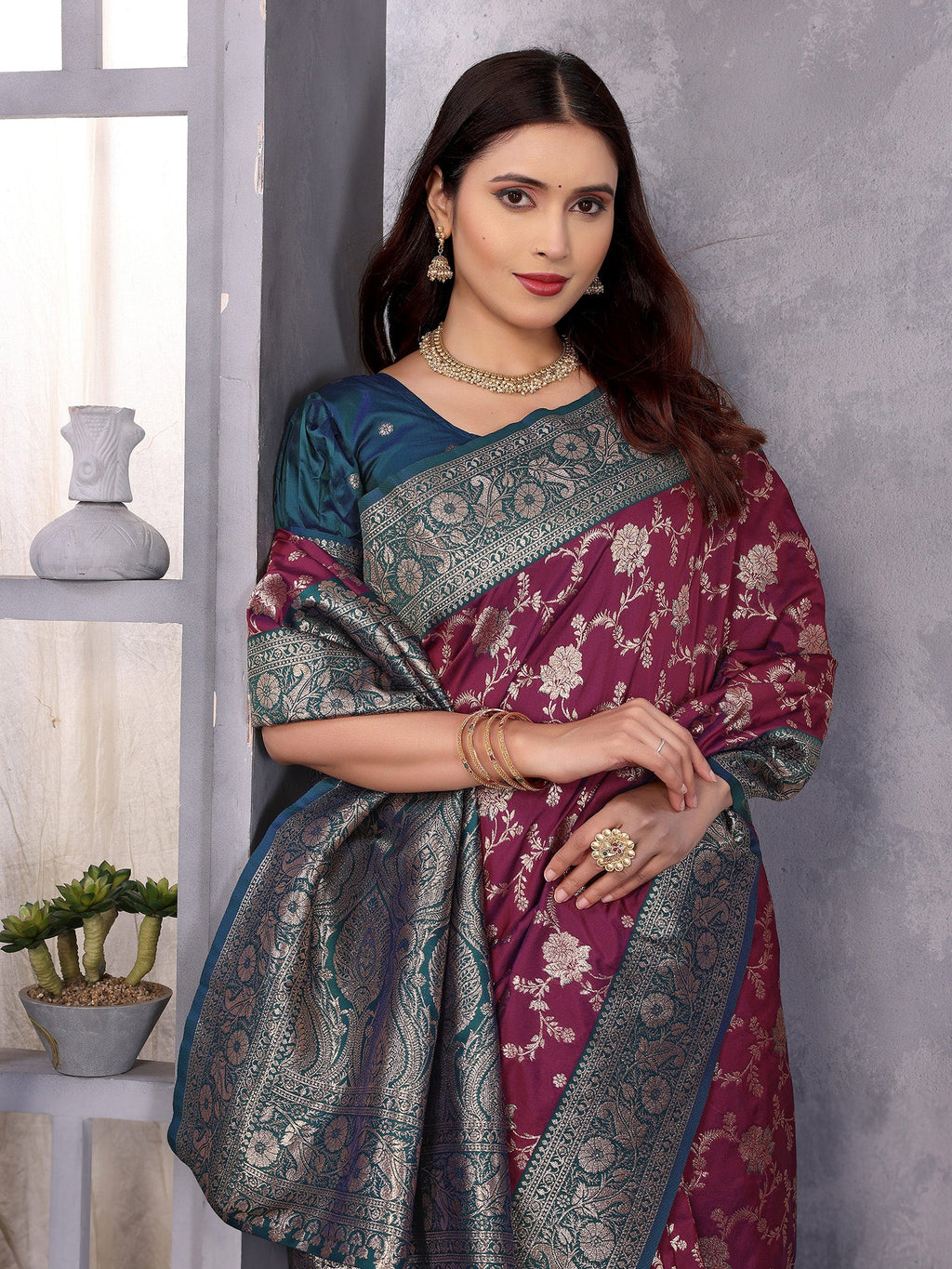Elora Magenta Soft Silk Zari Zaal Weaving Banarasi With Contrast Blouse | Grocsy