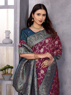 Elora Magenta Soft Silk Zari Zaal Weaving Banarasi With Contrast Blouse | Grocsy