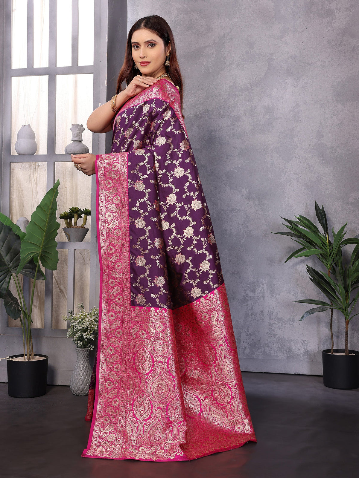 Elora Wine Soft Silk Zari Zaal Weaving Banarasi With Contrast Blouse | Grocsy