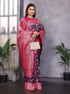 Elora Wine Soft Silk Zari Zaal Weaving Banarasi With Contrast Blouse | Grocsy