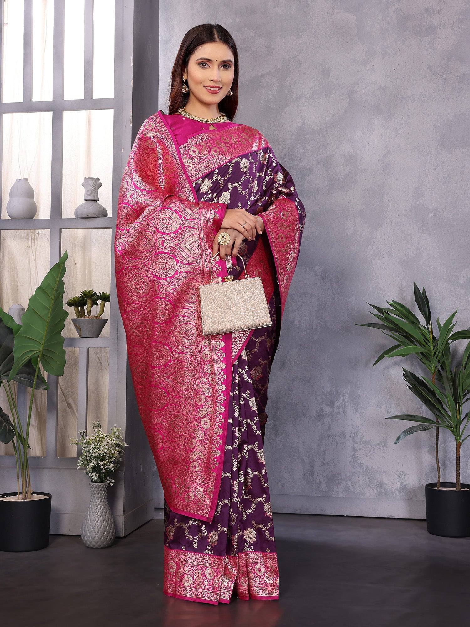 Elora Wine Soft Silk Zari Zaal Weaving Banarasi With Contrast Blouse | Grocsy