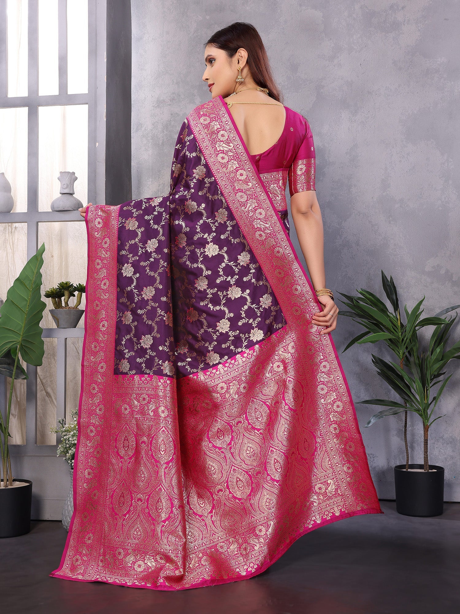 Elora Wine Soft Silk Zari Zaal Weaving Banarasi With Contrast Blouse | Grocsy