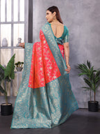 Elora Peach Soft Silk Zari Zaal Weaving Banarasi With Contrast Blouse | Grocsy