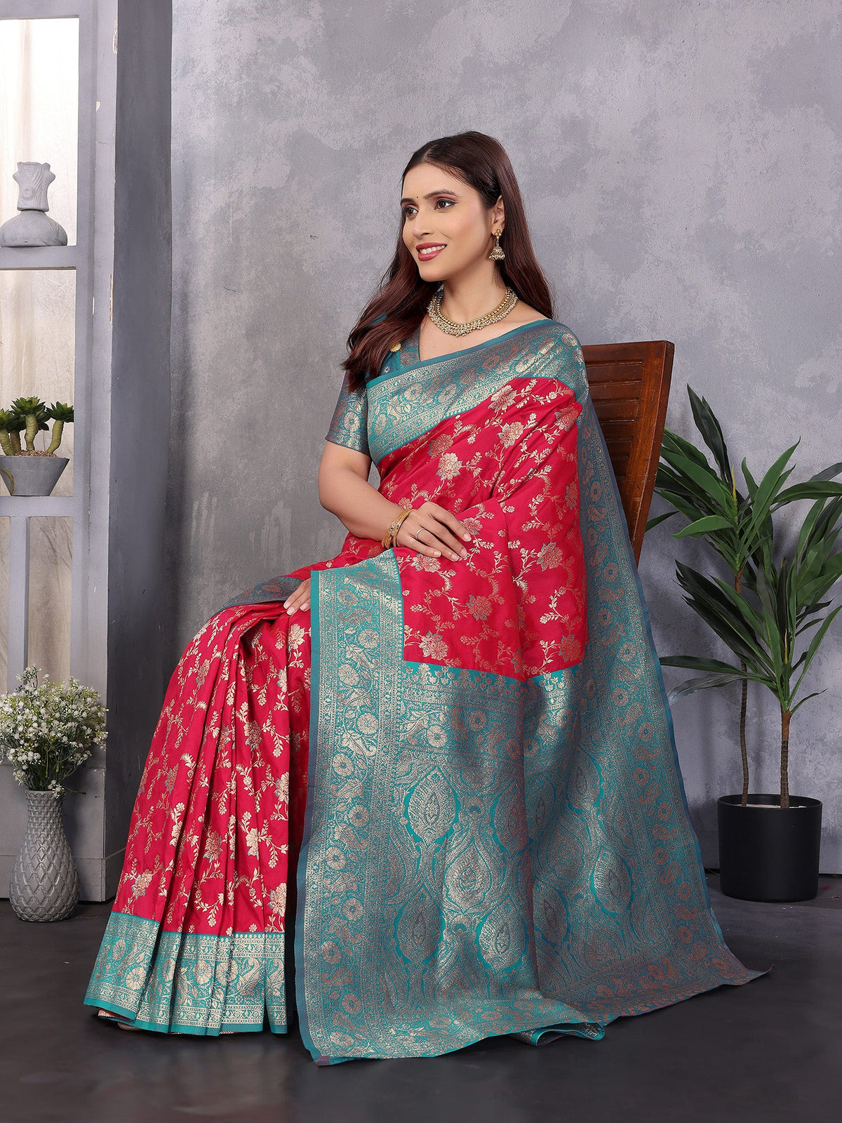 Elora Red Soft Silk Zari Zaal Weaving Banarasi With Contrast Blouse | Grocsy