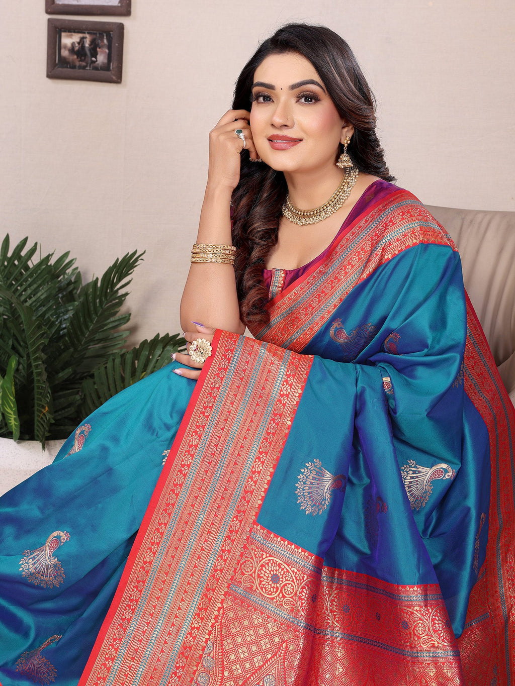 Elora Royal Blue Soft Silk Zari Butta Weaving Work Banarasi Saree With Contrast Pallu And Blouse | Grocsy