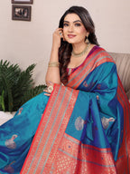 Elora Royal Blue Soft Silk Zari Butta Weaving Work Banarasi Saree With Contrast Pallu And Blouse | Grocsy