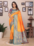 Elora Orange Soft Silk Zari Butta Weaving Work Banarasi Saree With Contrast Pallu And Blouse | Grocsy