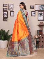 Elora Orange Soft Silk Zari Butta Weaving Work Banarasi Saree With Contrast Pallu And Blouse | Grocsy
