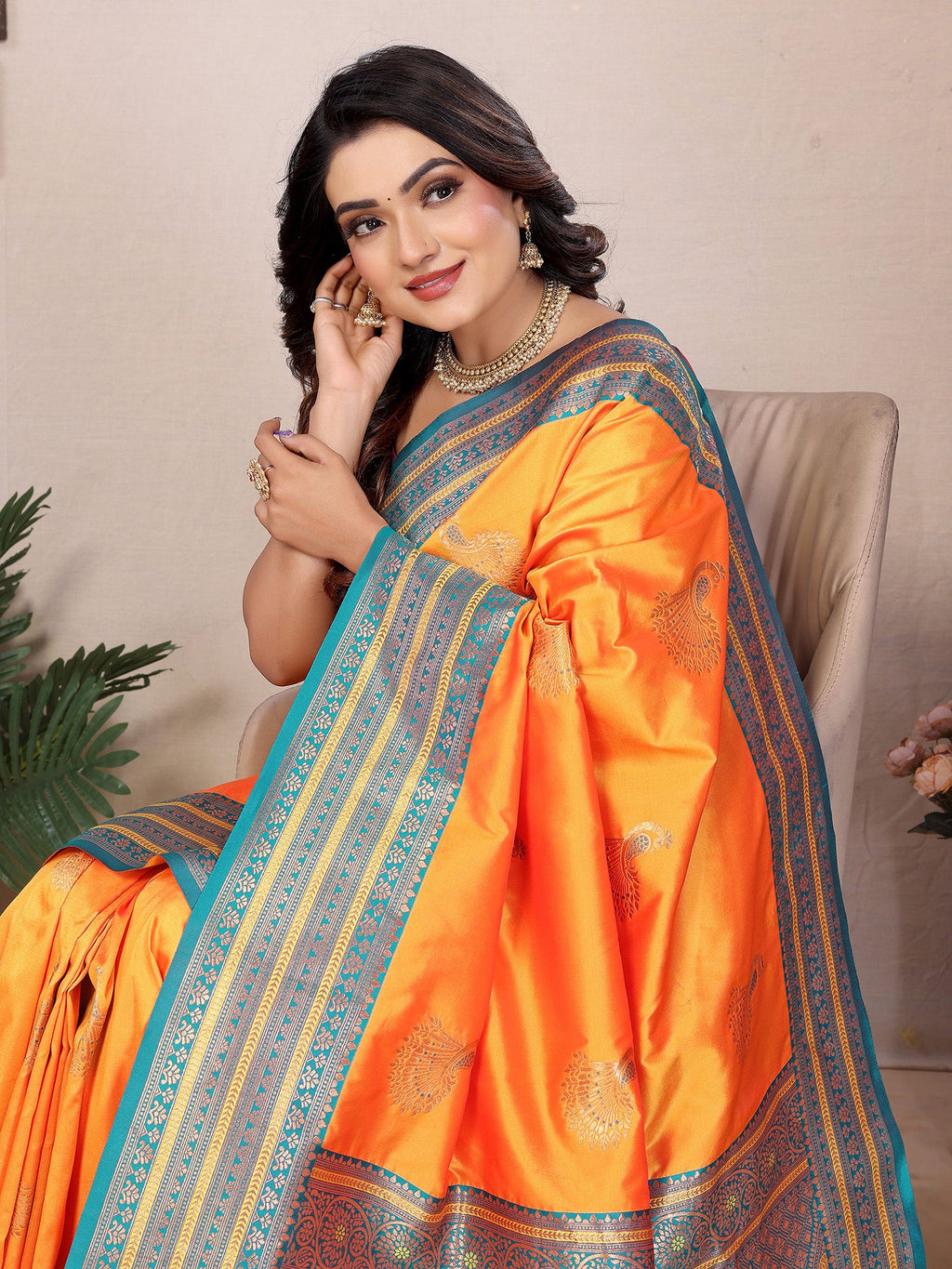 Elora Orange Soft Silk Zari Butta Weaving Work Banarasi Saree With Contrast Pallu And Blouse | Grocsy