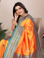 Elora Orange Soft Silk Zari Butta Weaving Work Banarasi Saree With Contrast Pallu And Blouse | Grocsy