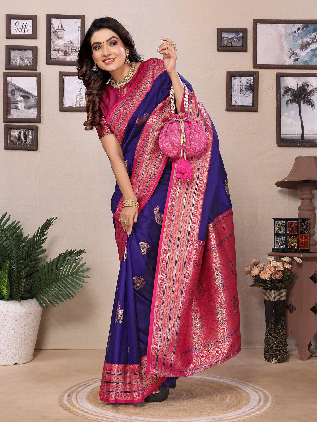 Elora Purple Soft Silk Zari Butta Weaving Work Banarasi Saree With Contrast Pallu And Blouse | Grocsy