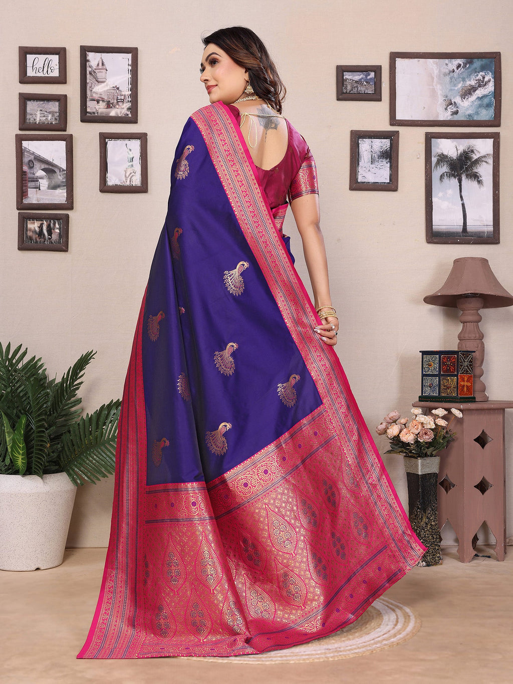 Elora Purple Soft Silk Zari Butta Weaving Work Banarasi Saree With Contrast Pallu And Blouse | Grocsy