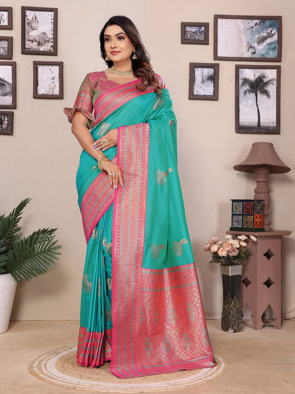 Elora Turquoise Soft Silk Zari Butta Weaving Work Banarasi Saree With Contrast Pallu And Blouse | Grocsy