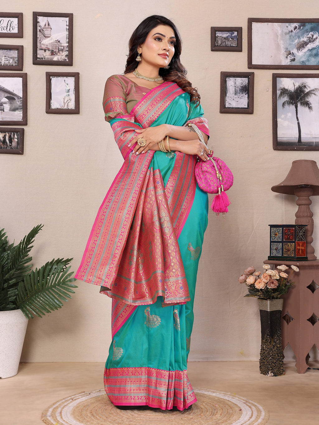 Elora Turquoise Soft Silk Zari Butta Weaving Work Banarasi Saree With Contrast Pallu And Blouse | Grocsy