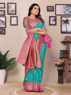 Elora Turquoise Soft Silk Zari Butta Weaving Work Banarasi Saree With Contrast Pallu And Blouse | Grocsy