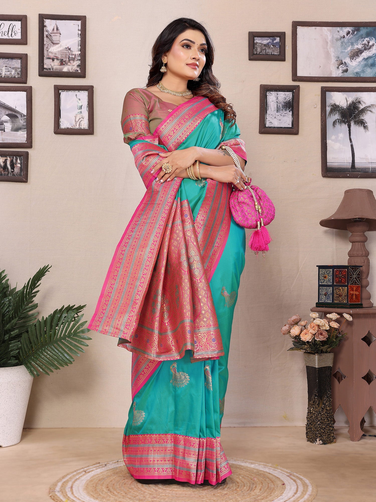 Elora Turquoise Soft Silk Zari Butta Weaving Work Banarasi Saree With Contrast Pallu And Blouse | Grocsy