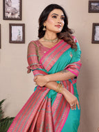 Elora Turquoise Soft Silk Zari Butta Weaving Work Banarasi Saree With Contrast Pallu And Blouse | Grocsy