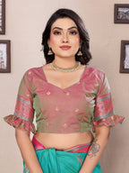 Elora Turquoise Soft Silk Zari Butta Weaving Work Banarasi Saree With Contrast Pallu And Blouse | Grocsy