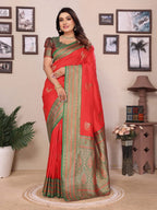 Elora Red Soft Silk Zari Butta Weaving Work Banarasi Saree With Contrast Pallu And Blouse | Grocsy