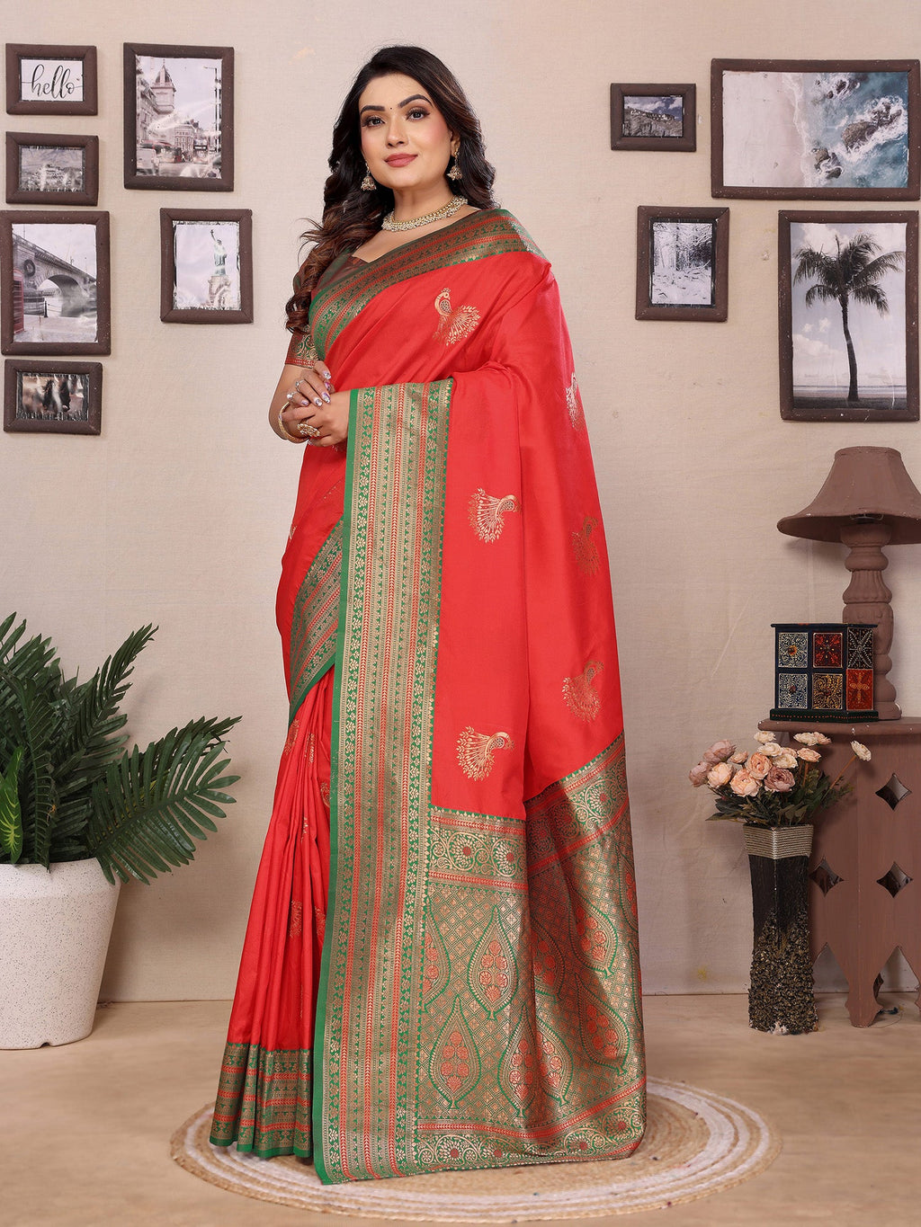 Elora Red Soft Silk Zari Butta Weaving Work Banarasi Saree With Contrast Pallu And Blouse | Grocsy