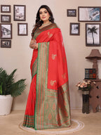 Elora Red Soft Silk Zari Butta Weaving Work Banarasi Saree With Contrast Pallu And Blouse | Grocsy