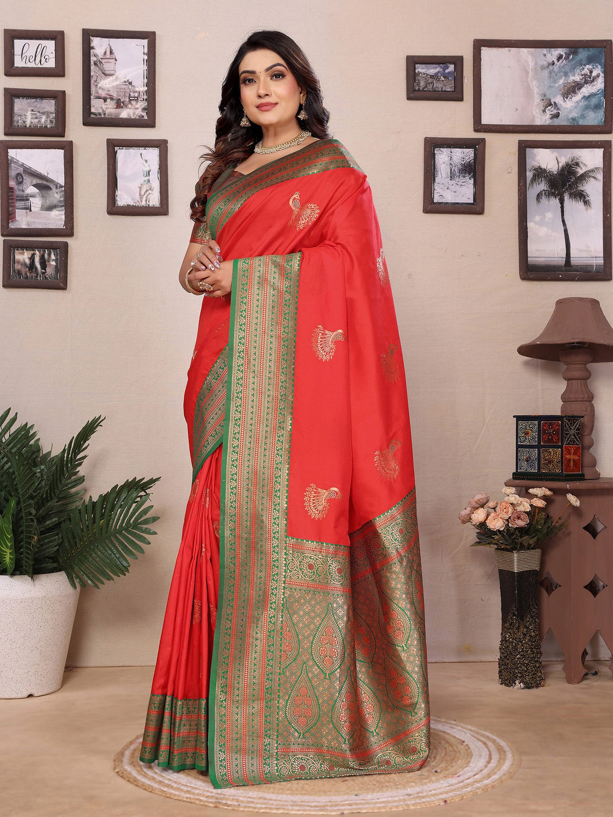 Elora Red Soft Silk Zari Butta Weaving Work Banarasi Saree With Contrast Pallu And Blouse | Grocsy