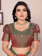 Elora Red Soft Silk Zari Butta Weaving Work Banarasi Saree With Contrast Pallu And Blouse | Grocsy