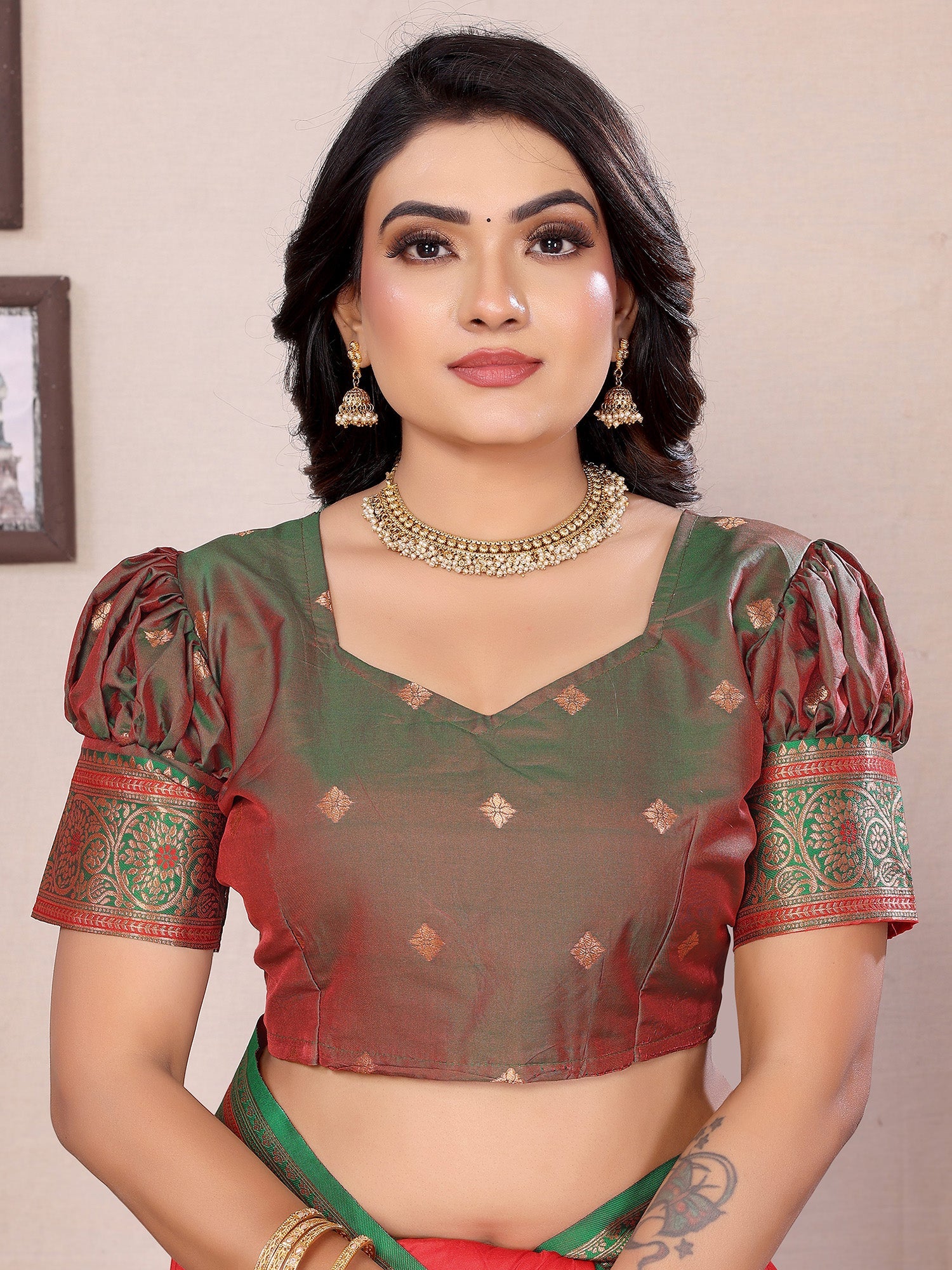 Elora Red Soft Silk Zari Butta Weaving Work Banarasi Saree With Contrast Pallu And Blouse | Grocsy