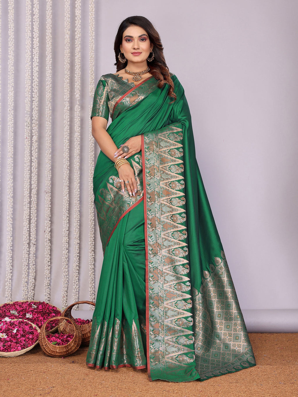 Elora Pine Green Soft Silk Plain Zari Jacquard Weaving Banarasi Saree With Zari Weaving Border | Grocsy