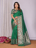 Elora Pine Green Soft Silk Plain Zari Jacquard Weaving Banarasi Saree With Zari Weaving Border | Grocsy