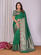 Elora Pine Green Soft Silk Plain Zari Jacquard Weaving Banarasi Saree With Zari Weaving Border | Grocsy