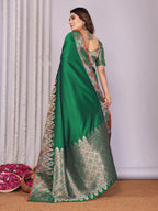 Elora Pine Green Soft Silk Plain Zari Jacquard Weaving Banarasi Saree With Zari Weaving Border | Grocsy