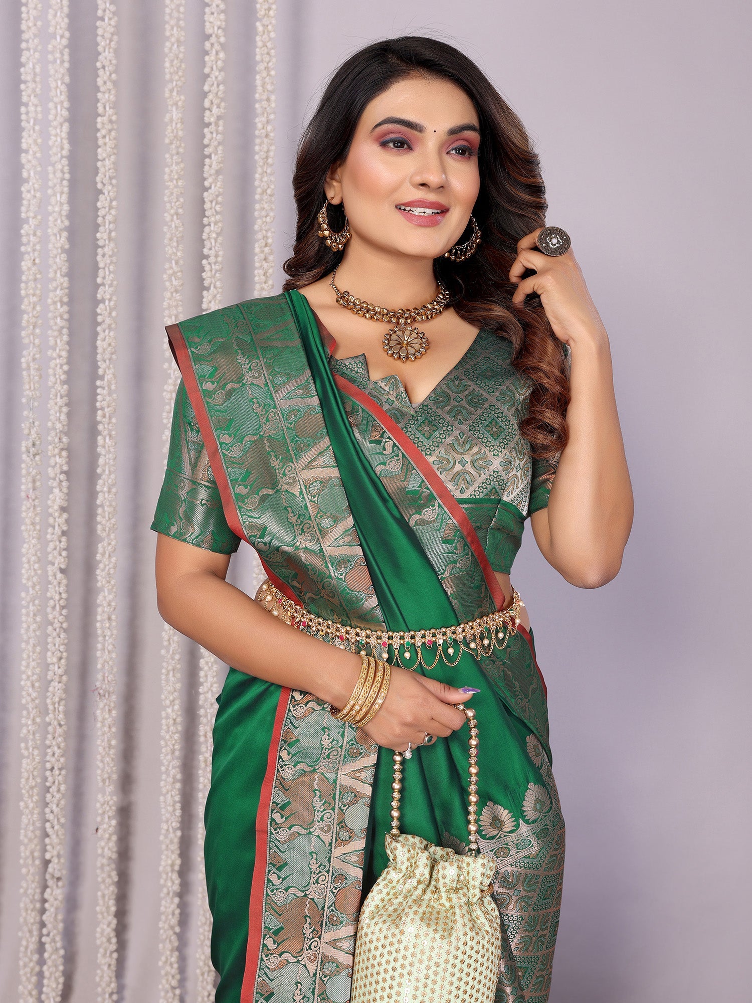Elora Pine Green Soft Silk Plain Zari Jacquard Weaving Banarasi Saree With Zari Weaving Border | Grocsy