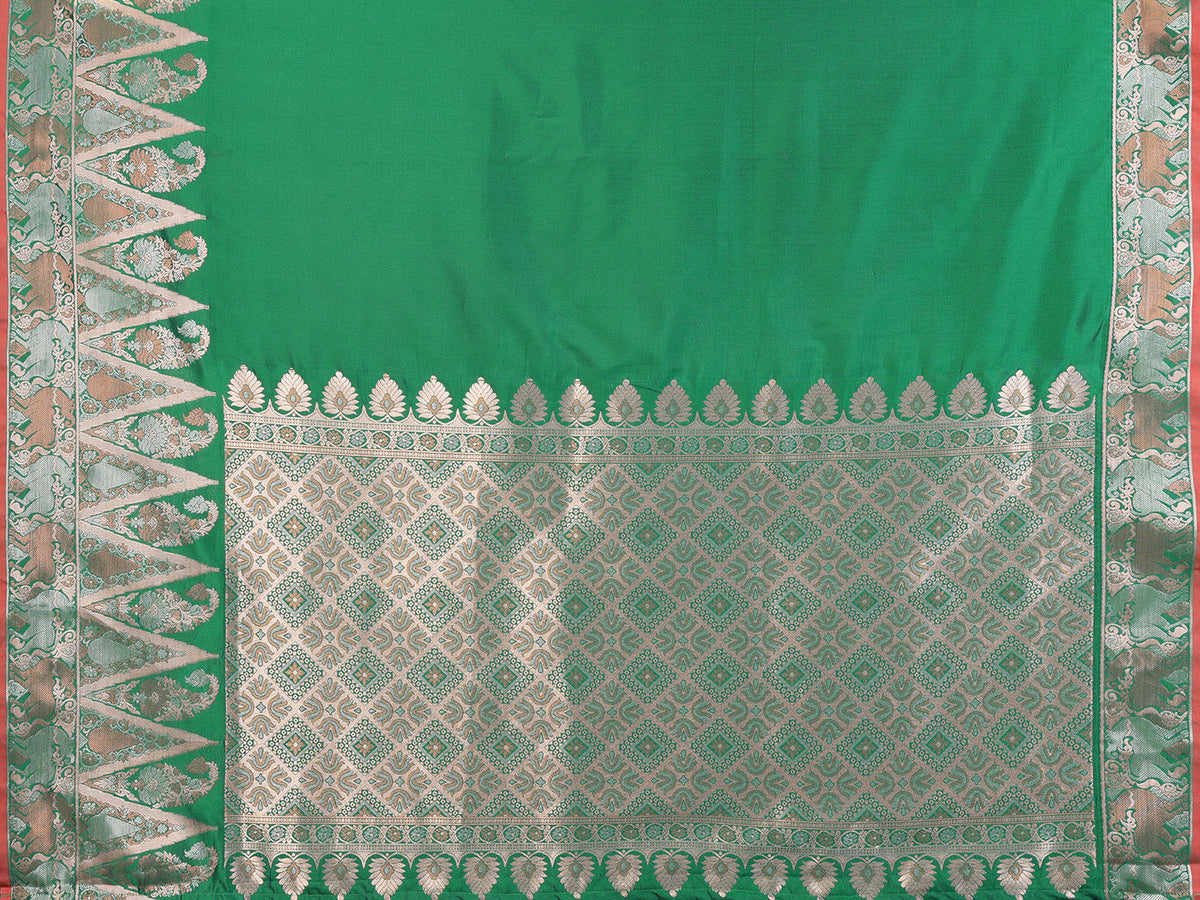 Elora Pine Green Soft Silk Plain Zari Jacquard Weaving Banarasi Saree With Zari Weaving Border | Grocsy