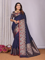 Elora Navy Blue Soft Silk Plain Zari Jacquard Weaving Banarasi Saree With Zari Weaving Border | Grocsy