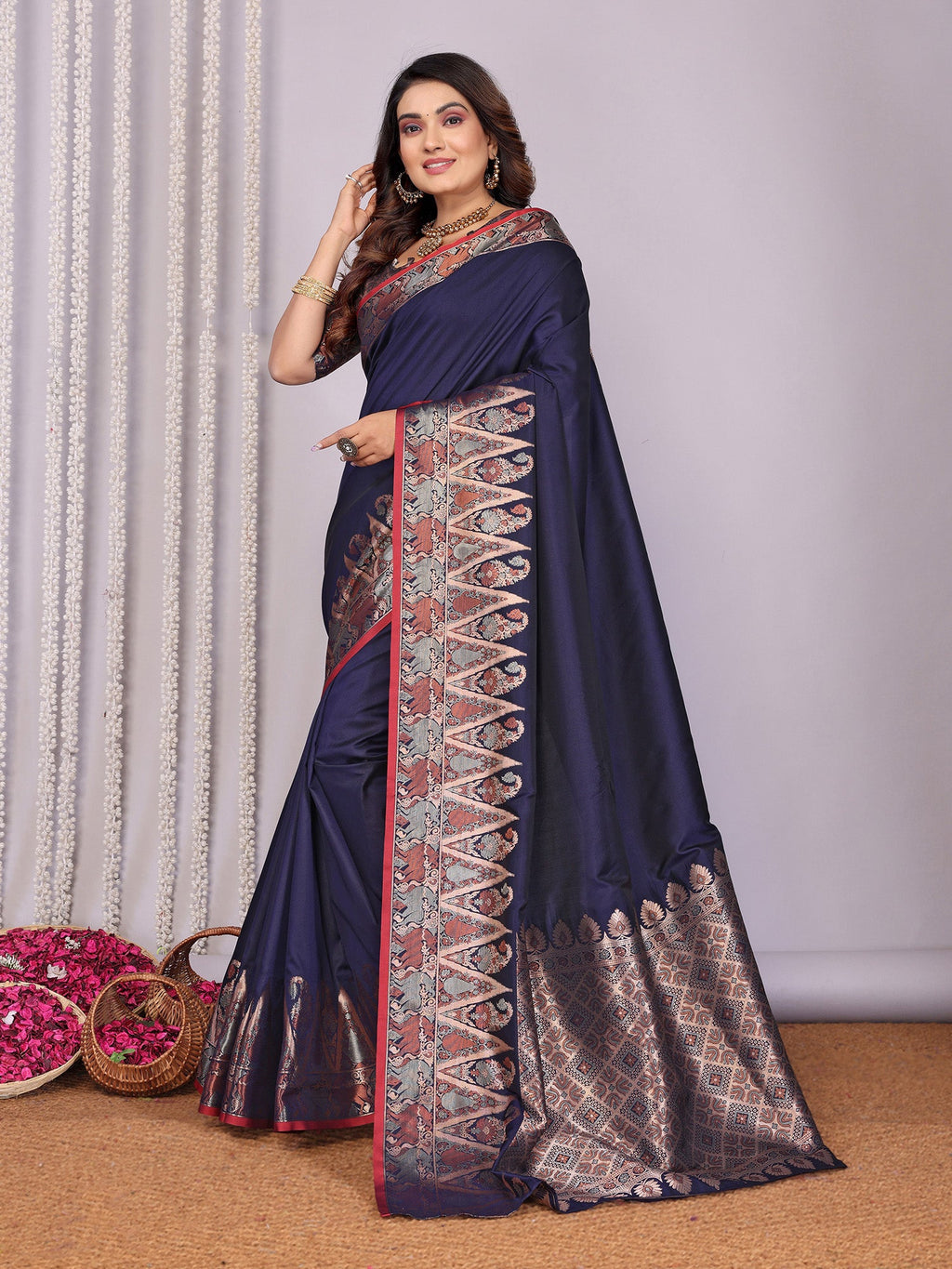 Elora Navy Blue Soft Silk Plain Zari Jacquard Weaving Banarasi Saree With Zari Weaving Border | Grocsy