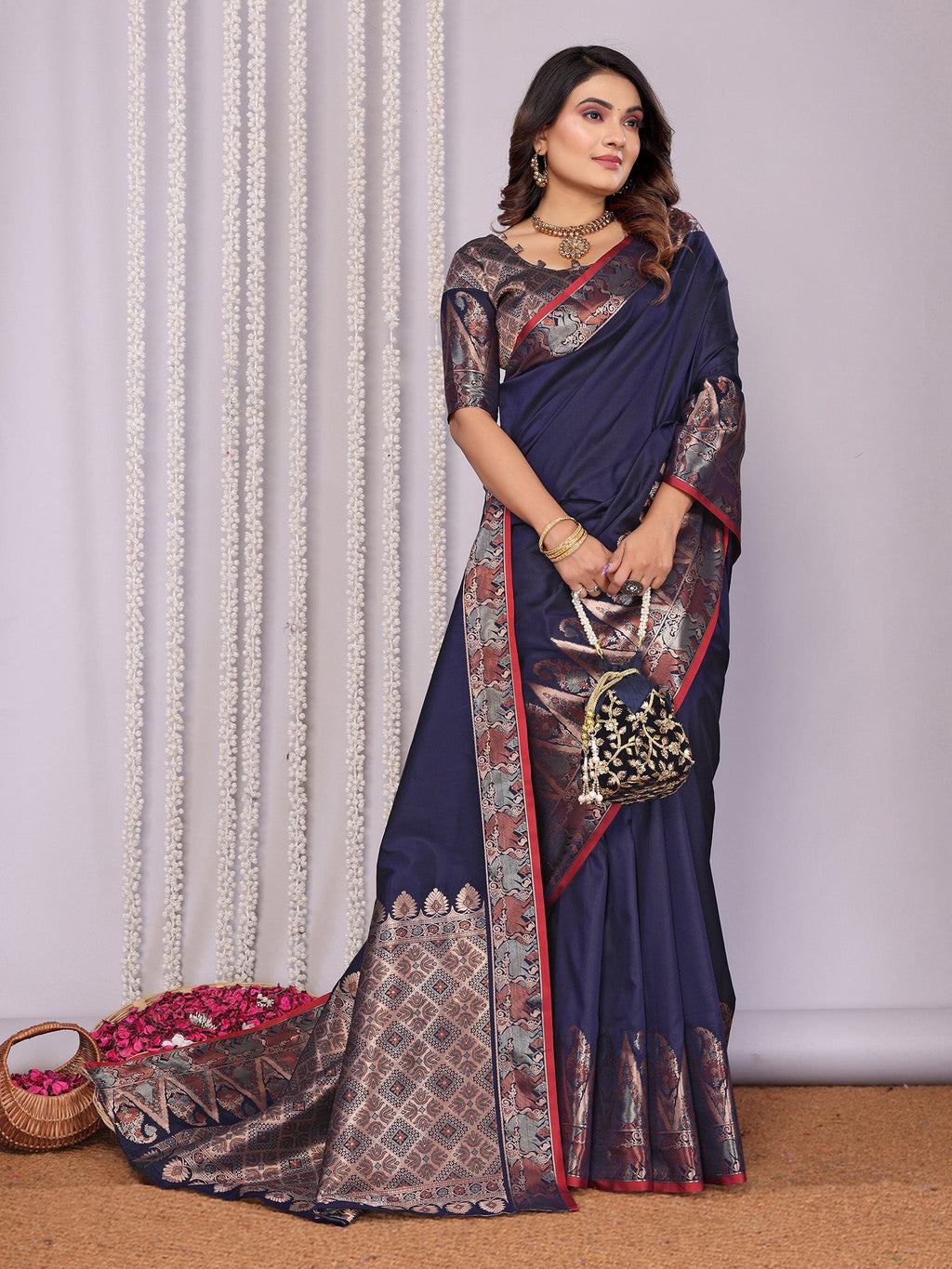 Elora Navy Blue Soft Silk Plain Zari Jacquard Weaving Banarasi Saree With Zari Weaving Border | Grocsy