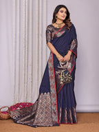 Elora Navy Blue Soft Silk Plain Zari Jacquard Weaving Banarasi Saree With Zari Weaving Border | Grocsy