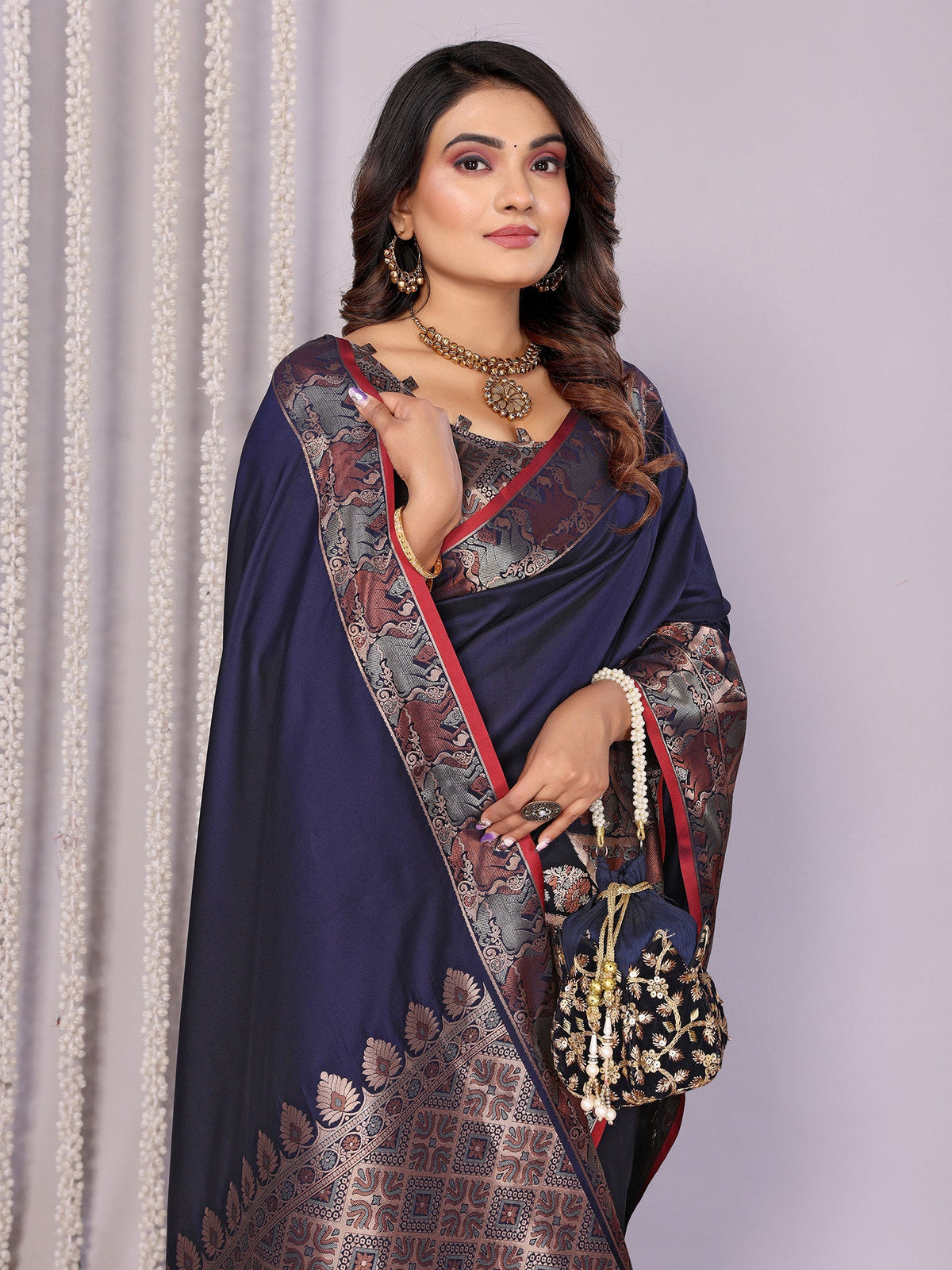 Elora Navy Blue Soft Silk Plain Zari Jacquard Weaving Banarasi Saree With Zari Weaving Border | Grocsy