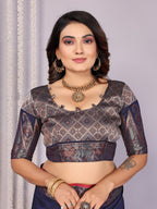 Elora Navy Blue Soft Silk Plain Zari Jacquard Weaving Banarasi Saree With Zari Weaving Border | Grocsy