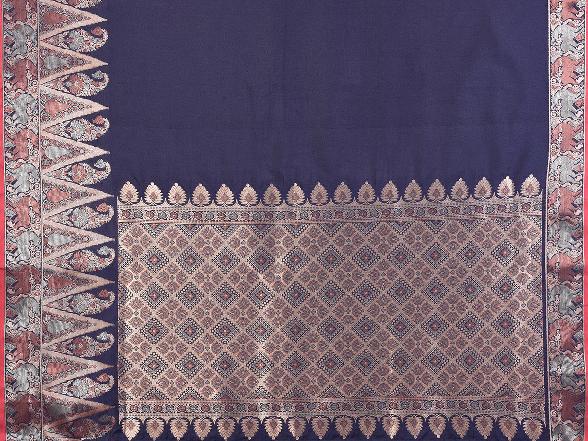 Elora Navy Blue Soft Silk Plain Zari Jacquard Weaving Banarasi Saree With Zari Weaving Border | Grocsy