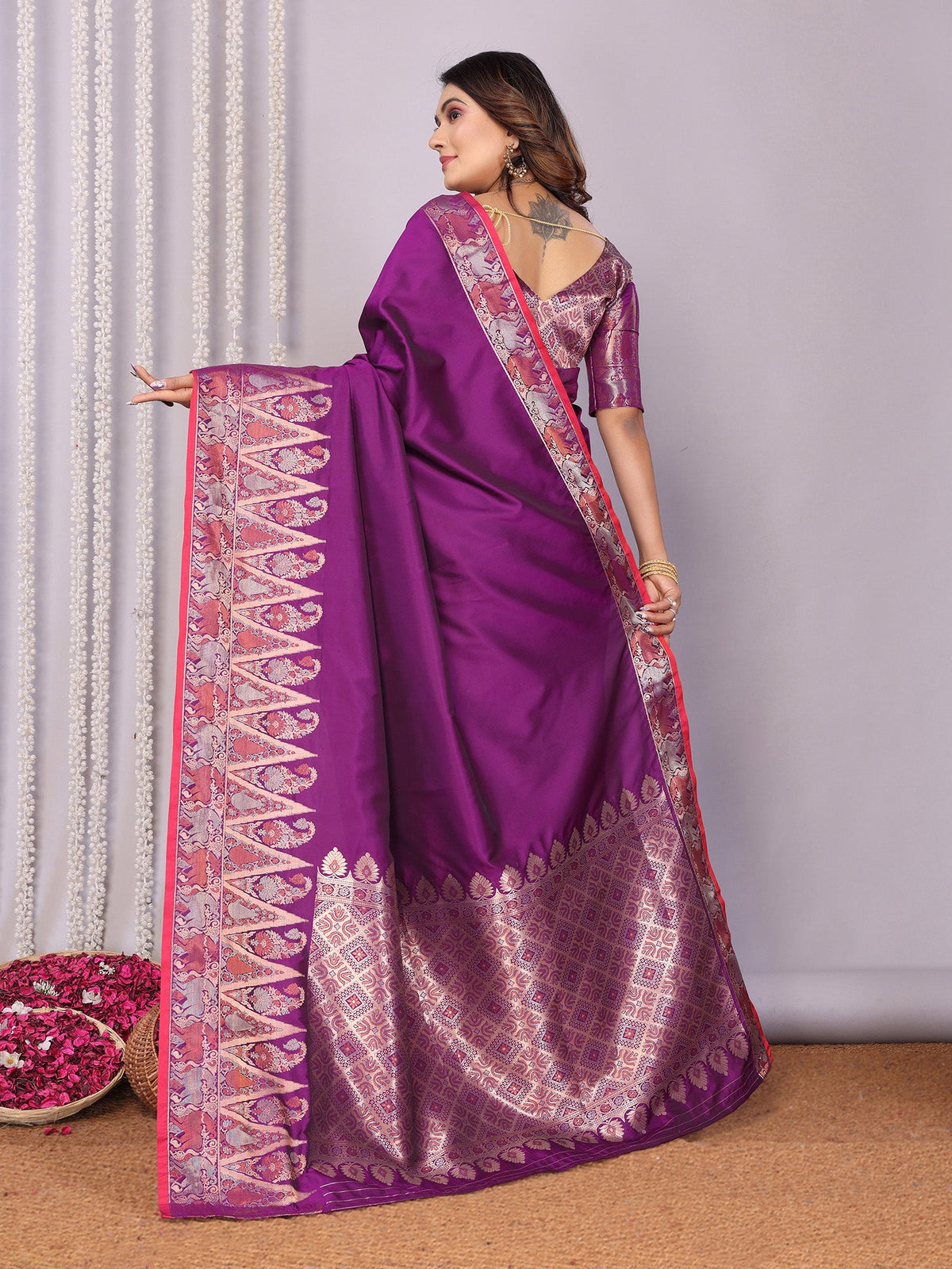 Elora Purple Soft Silk Plain Zari Jacquard Weaving Banarasi Saree With Zari Weaving Border | Grocsy