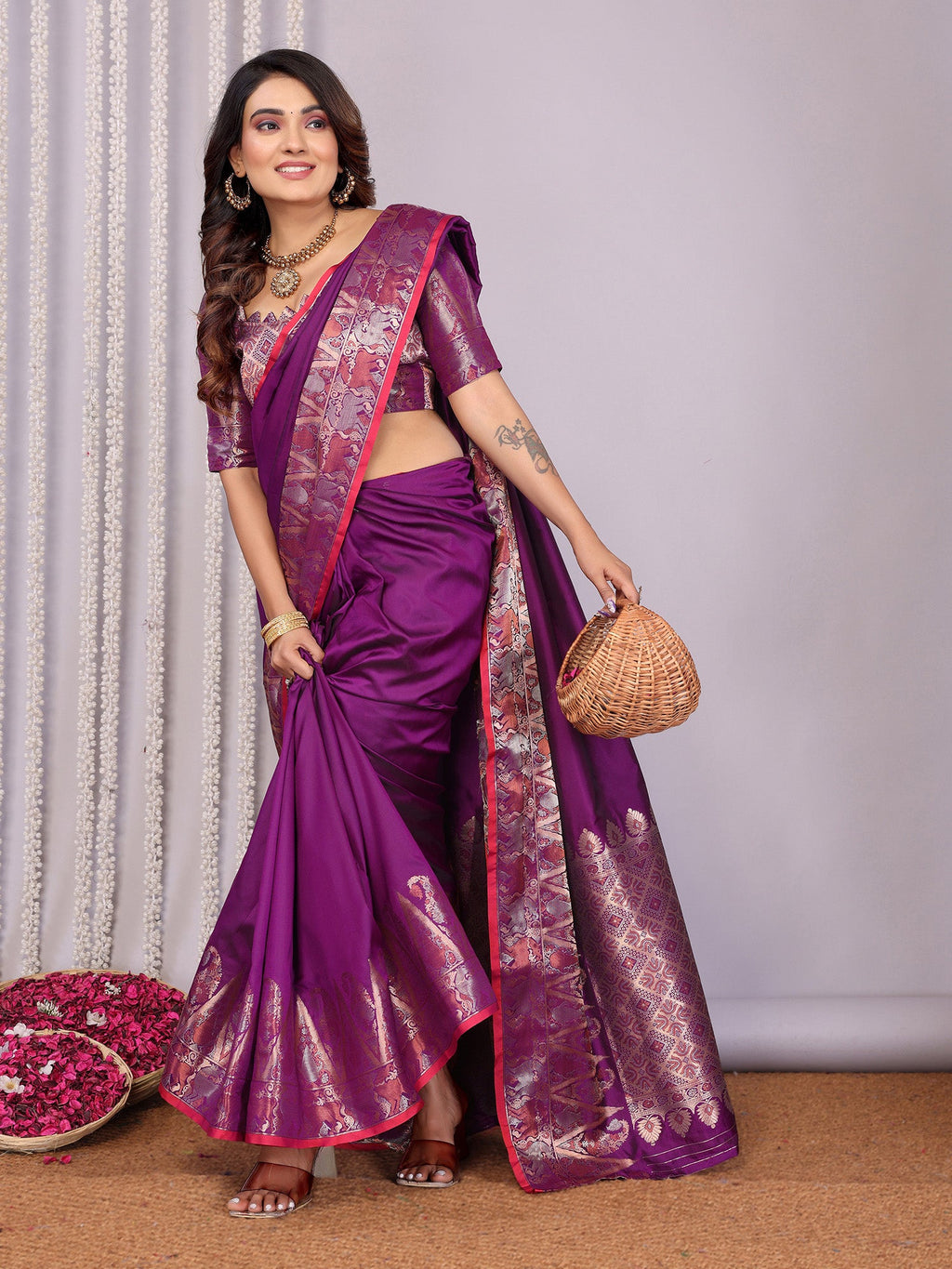 Elora Purple Soft Silk Plain Zari Jacquard Weaving Banarasi Saree With Zari Weaving Border | Grocsy