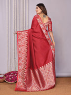 Elora Red Soft Silk Plain Zari Jacquard Weaving Banarasi Saree With Zari Weaving Border | Grocsy
