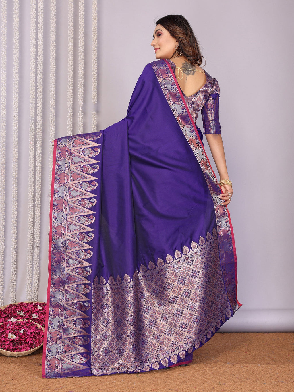 Elora Royal Blue Soft Silk Plain Zari Jacquard Weaving Banarasi Saree With Zari Weaving Border | Grocsy