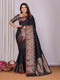 Elora Black Soft Silk Plain Zari Jacquard Weaving Banarasi Saree With Zari Weaving Border | Grocsy