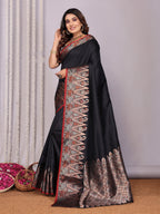 Elora Black Soft Silk Plain Zari Jacquard Weaving Banarasi Saree With Zari Weaving Border | Grocsy
