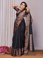 Elora Black Soft Silk Plain Zari Jacquard Weaving Banarasi Saree With Zari Weaving Border | Grocsy